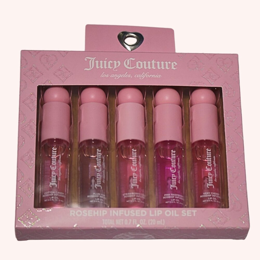 NEW Juicy Couture 5 Pc Rosehip Infused Lip Oil Set Hydrating Gloss Gift Makeup